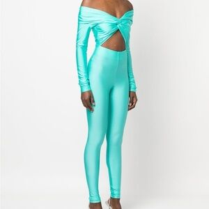 ANDAMANE “KENDALL” OFF-SHOULDER JUMPSUIT, SZ S TURQUOISE